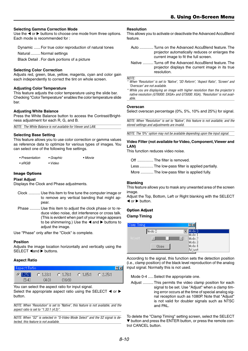 Image options, Option adjust, Using on-screen menu | NEC GT6000 User Manual | Page 73 / 107