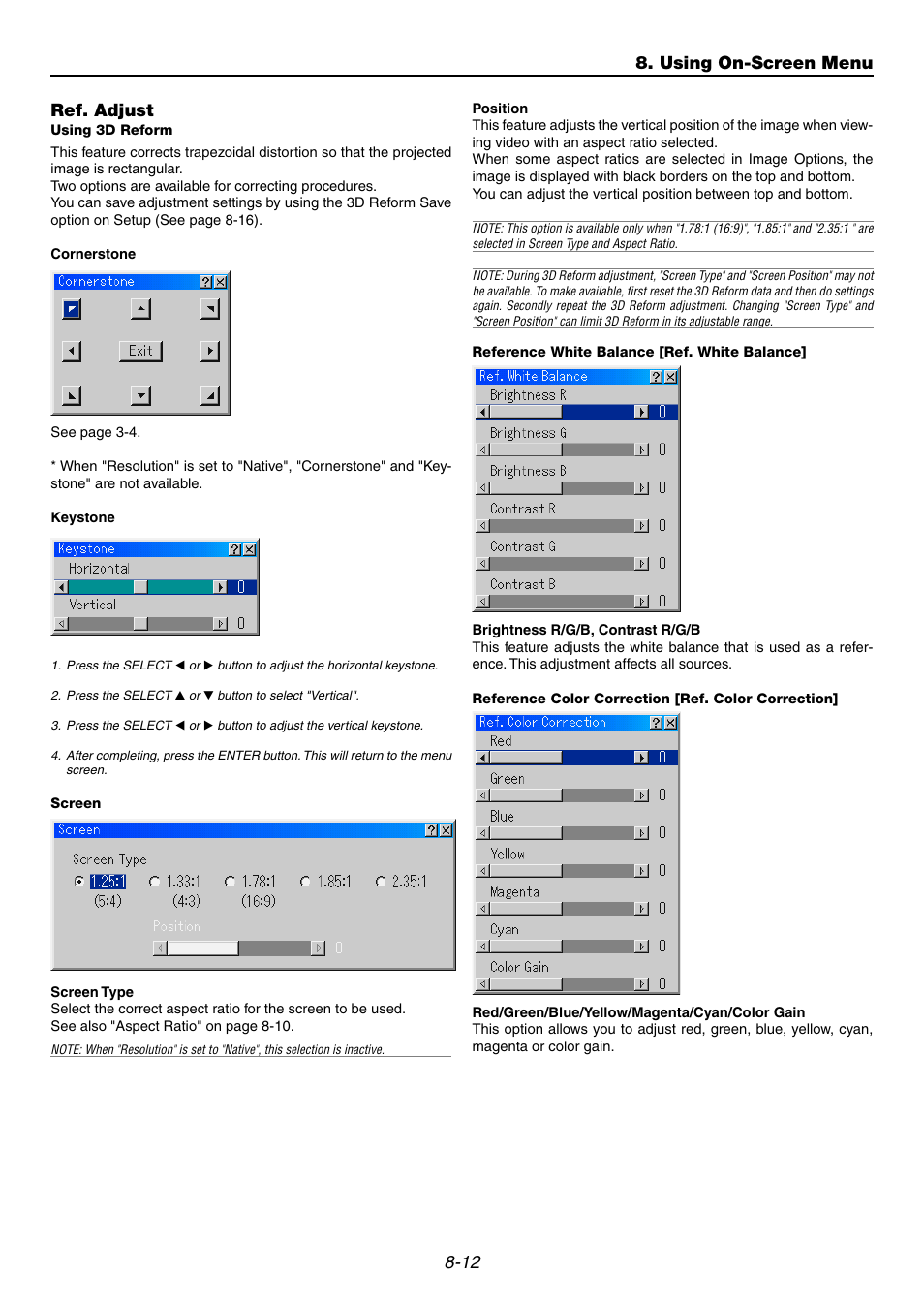 Ref. adjust, Using 3d reform, Screen | Reference white balance [ref. white balance, Reference color correction [ref. color correction, 12 ref. adjust, Using on-screen menu | NEC GT6000 User Manual | Page 75 / 107