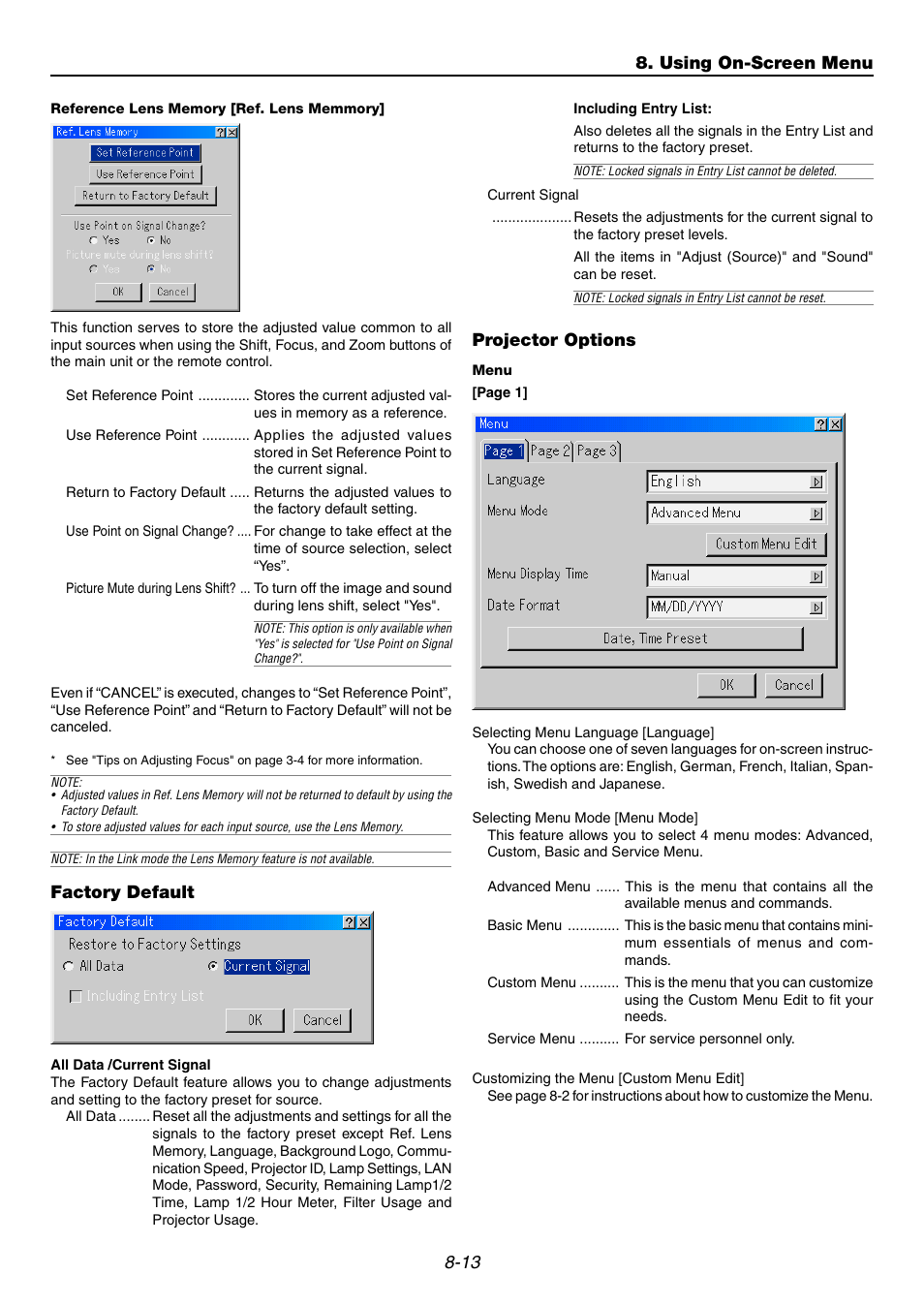 Reference lens memory [ref. lens memmory, Factory default, Projector options | Menu, Using on-screen menu | NEC GT6000 User Manual | Page 76 / 107