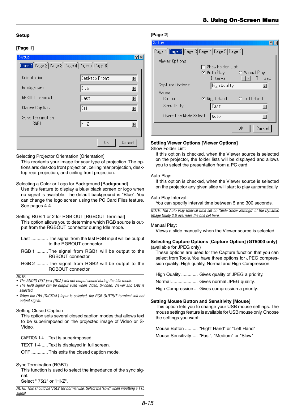 Setup, Using on-screen menu | NEC GT6000 User Manual | Page 78 / 107