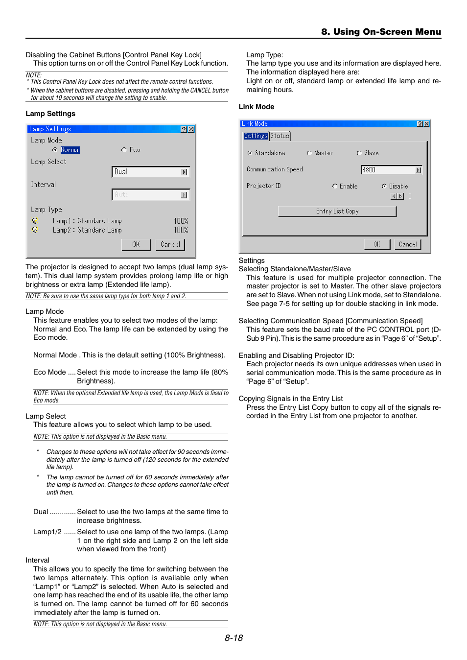 Lamp settings, Link mode, Using on-screen menu | NEC GT6000 User Manual | Page 81 / 107