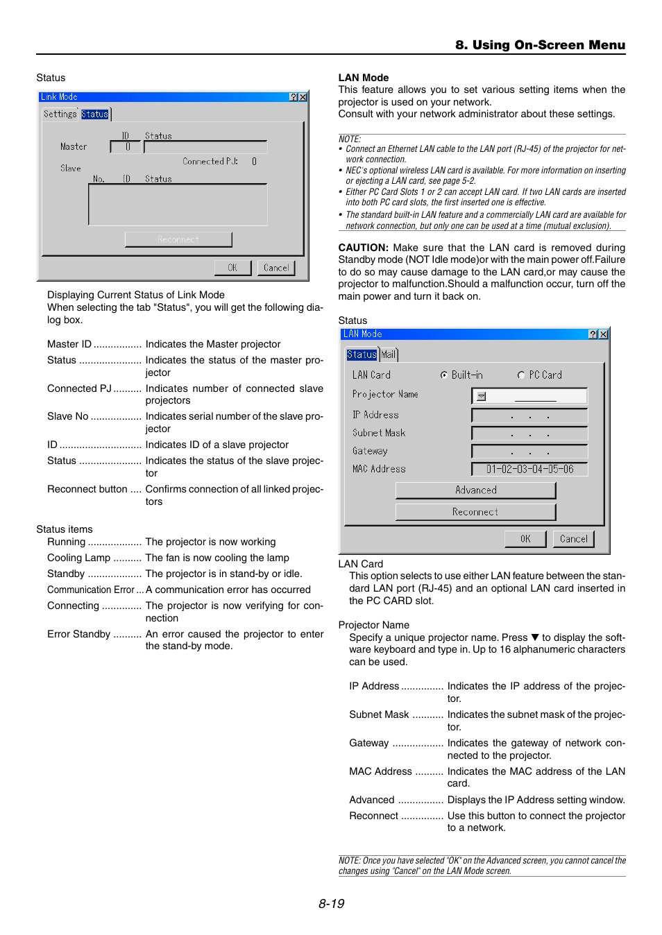 Lan mode, Using on-screen menu | NEC GT6000 User Manual | Page 82 / 107