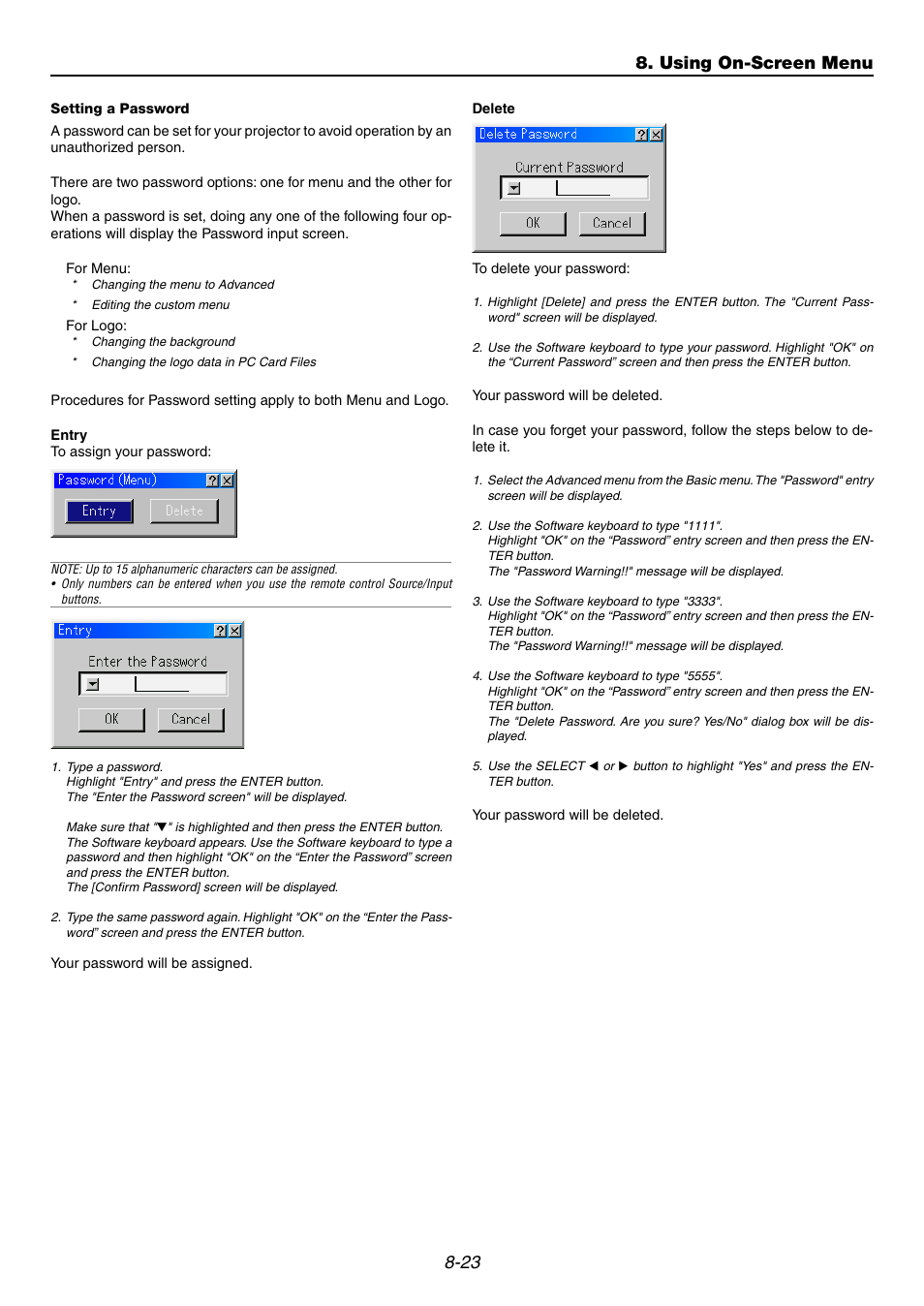Setting a password, 23 8. using on-screen menu | NEC GT6000 User Manual | Page 86 / 107
