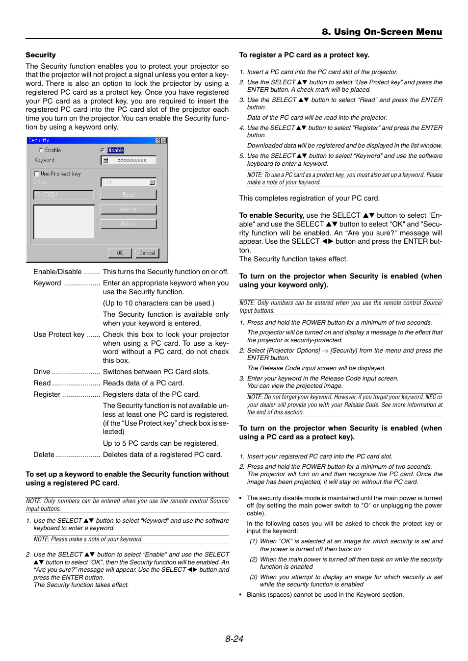 Security, Using on-screen menu | NEC GT6000 User Manual | Page 87 / 107