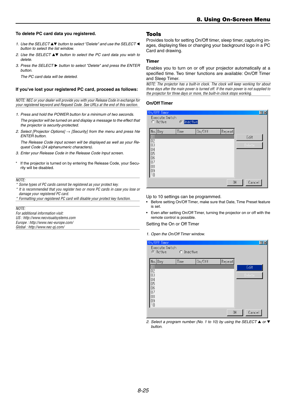 Tools, Timer, On/off timer | Using on-screen menu tools | NEC GT6000 User Manual | Page 88 / 107
