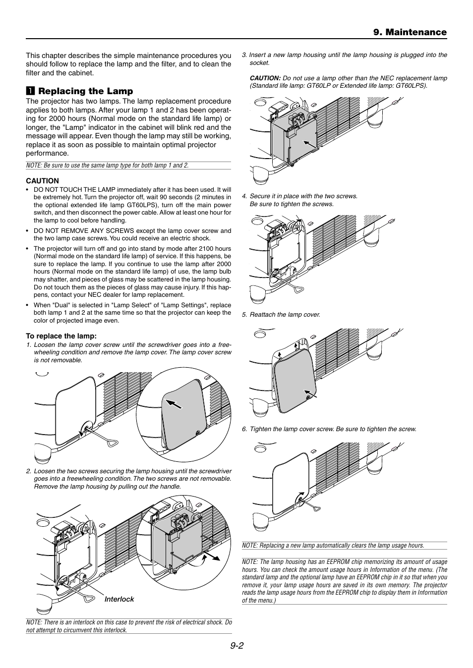 1] replacing the lamp, Z replacing the lamp, Maintenance | NEC GT6000 User Manual | Page 93 / 107