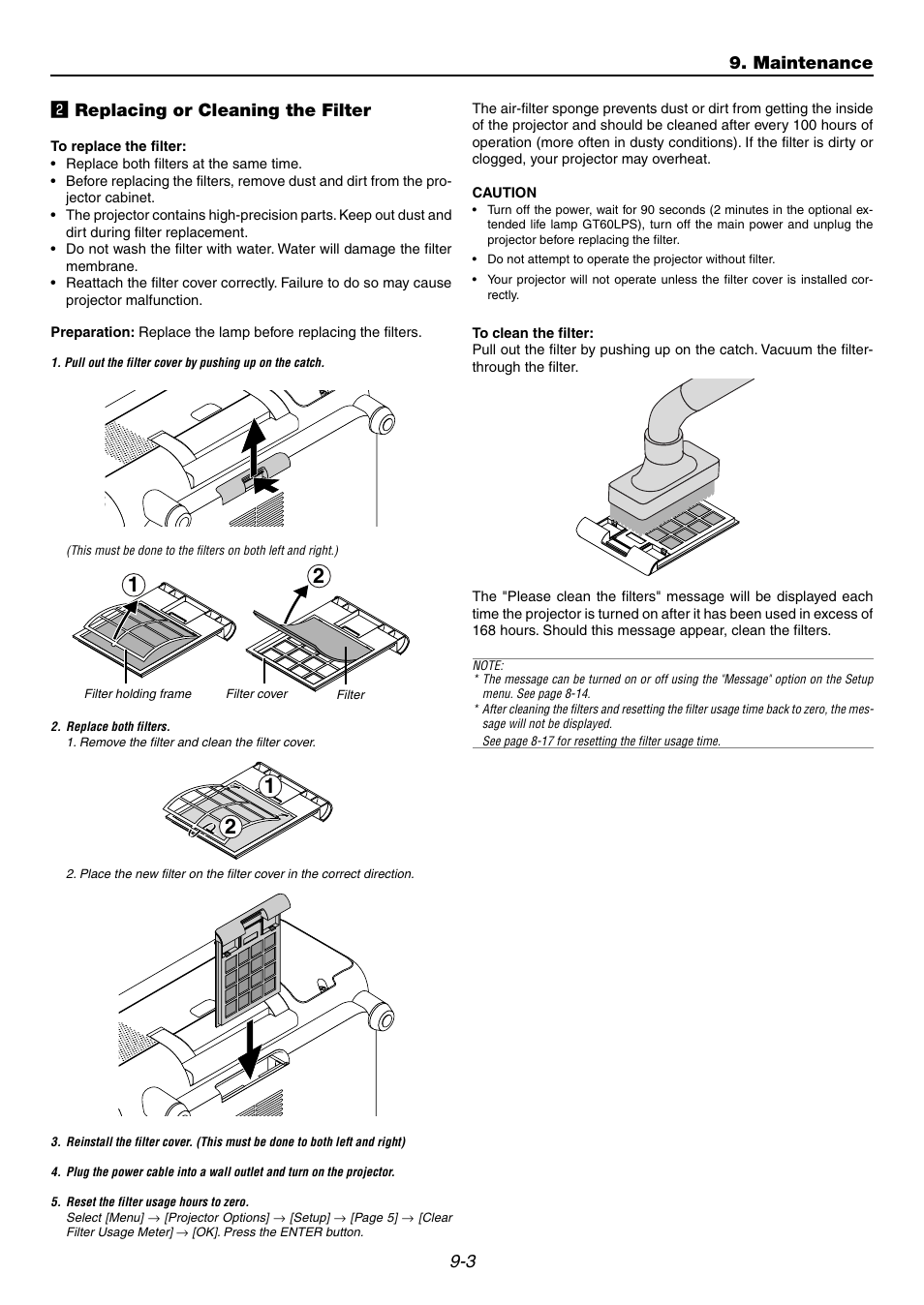 2] replacing or cleaning the filter, 3 x replacing or cleaning the filter, Maintenance | NEC GT6000 User Manual | Page 94 / 107