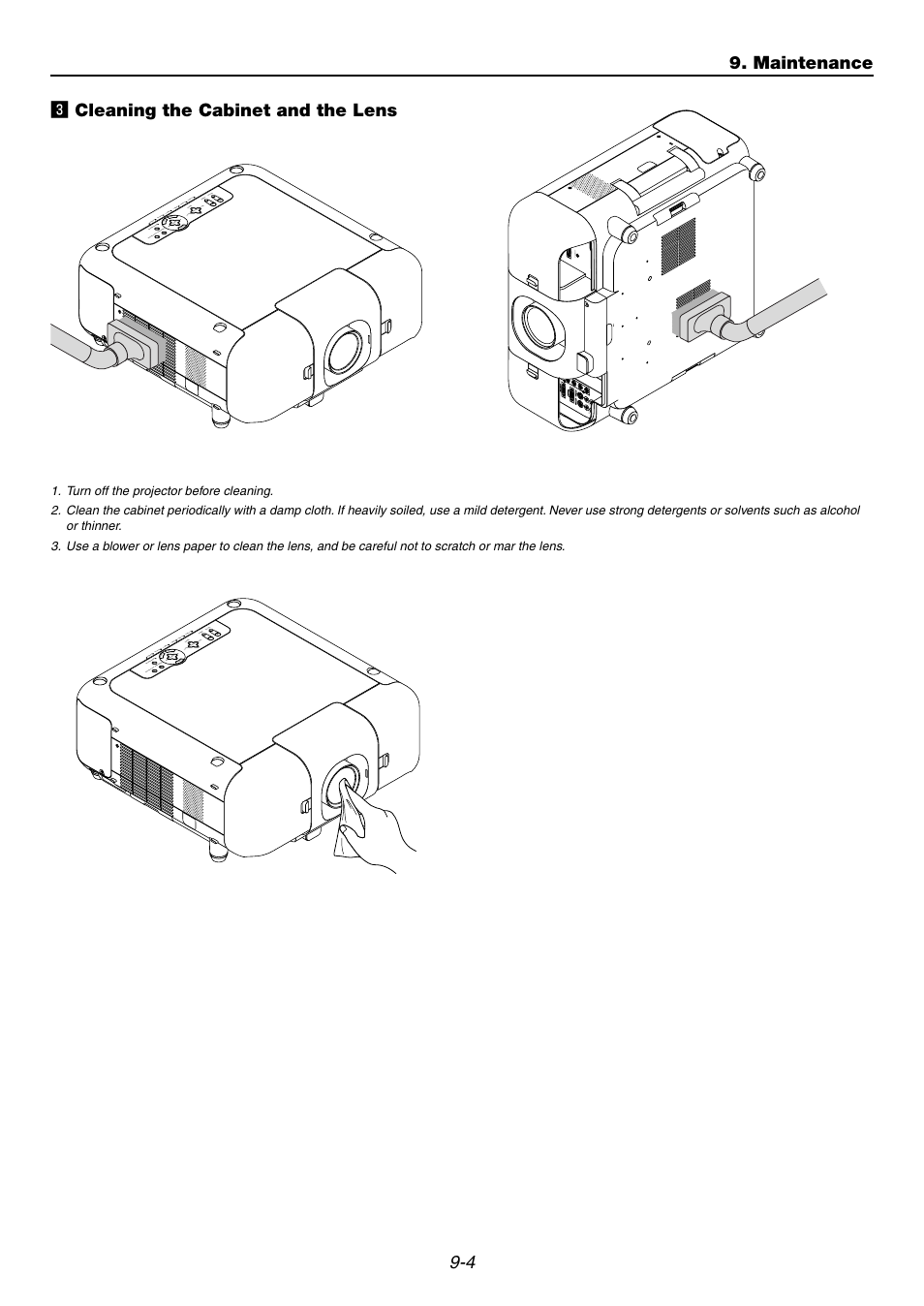 3] cleaning the cabinet and the lens, C cleaning the cabinet and the lens, Maintenance | NEC GT6000 User Manual | Page 95 / 107