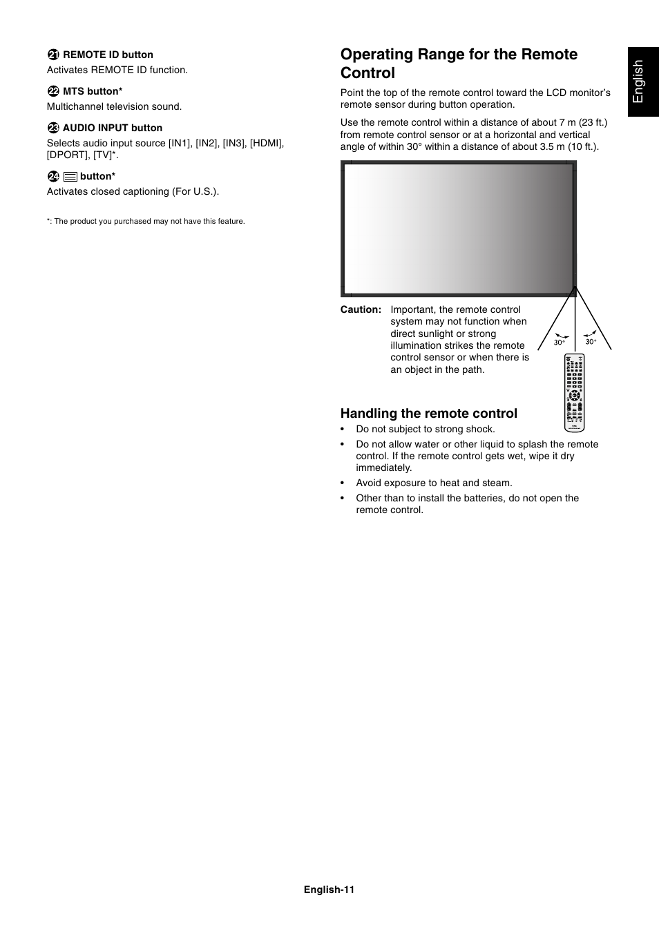 Operating range for the remote control, English, Handling the remote control | NEC MULTISYNC P461 User Manual | Page 13 / 40