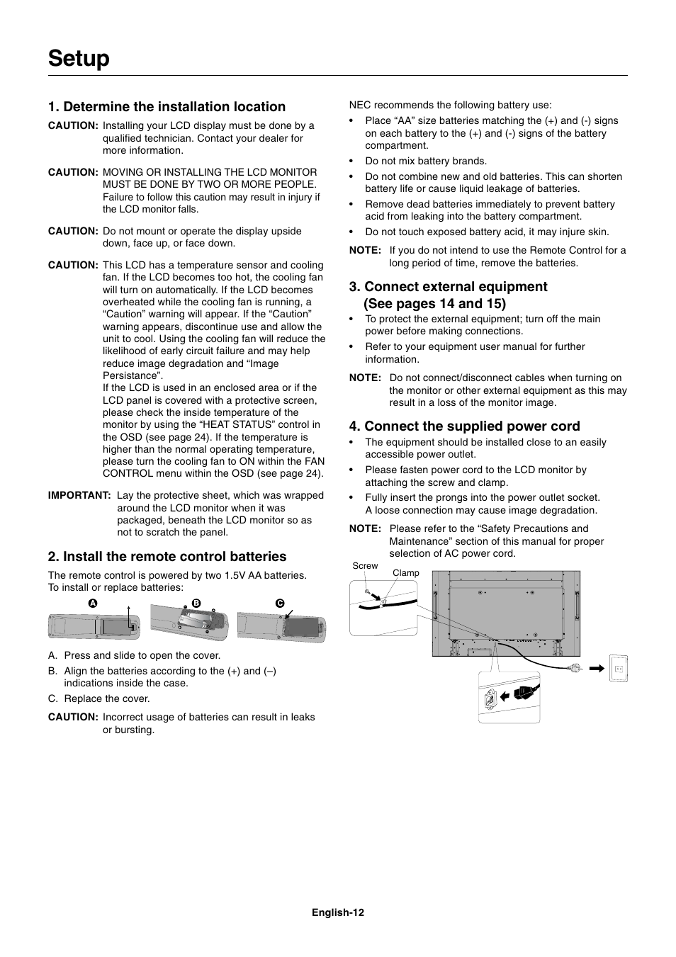 Setup, Determine the installation location, Install the remote control batteries | Connect external equipment (see pages 14 and 15), Connect the supplied power cord | NEC MULTISYNC P461 User Manual | Page 14 / 40