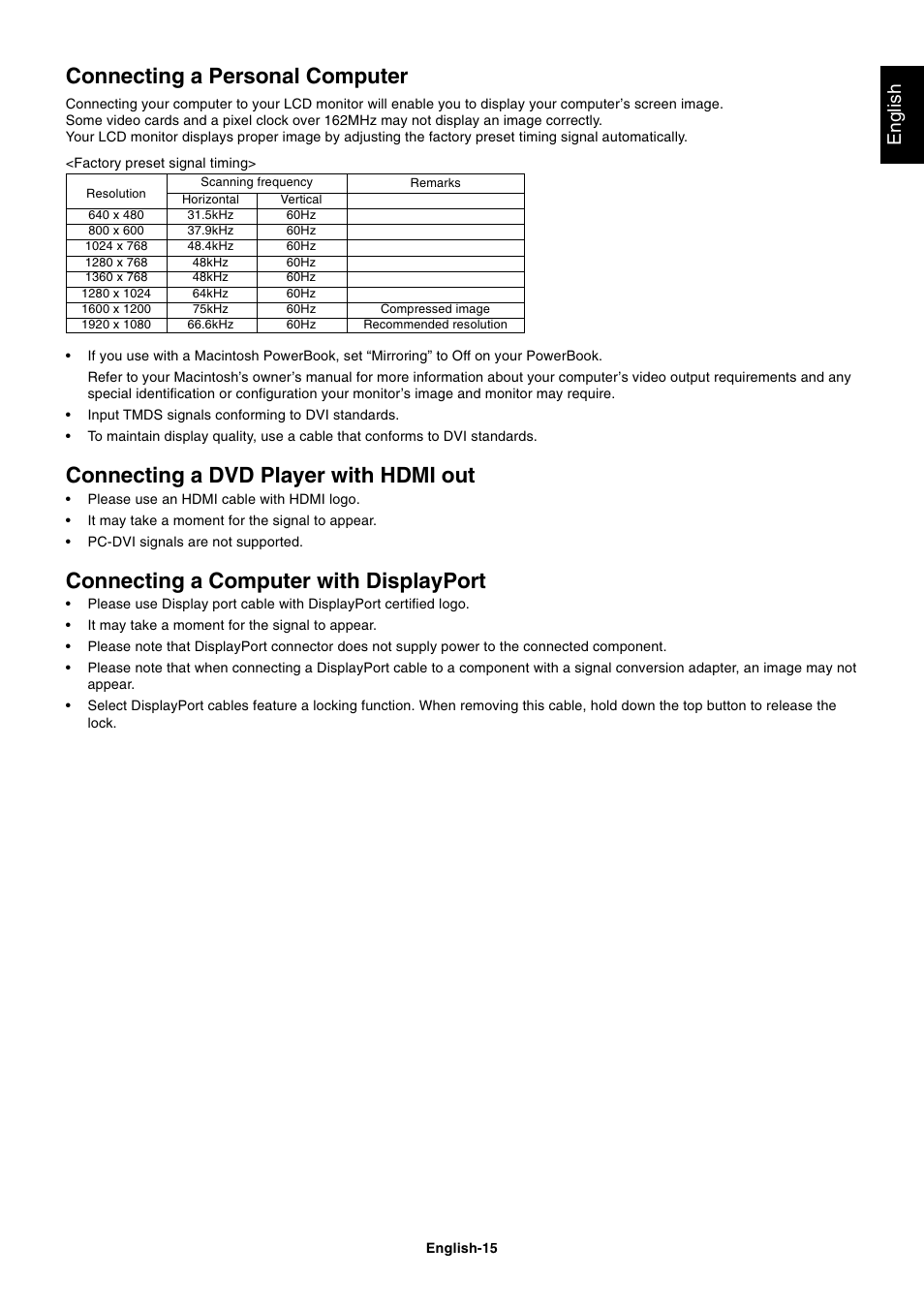 Connecting a personal computer, Connecting a dvd player with hdmi out, Connecting a computer with displayport | English | NEC MULTISYNC P461 User Manual | Page 17 / 40