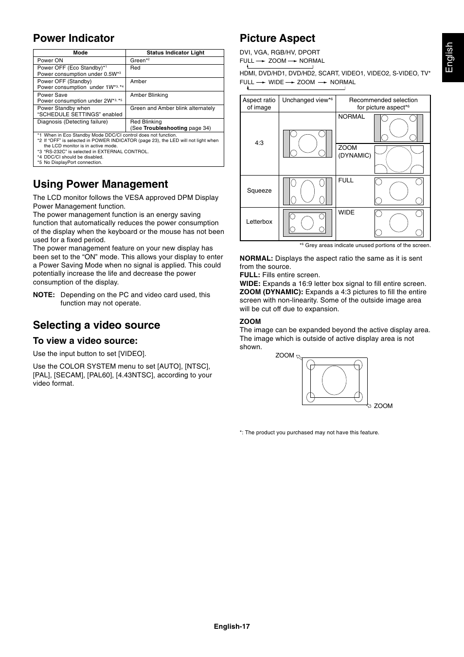 Using power management, Selecting a video source, Power indicator | Picture aspect, English | NEC MULTISYNC P461 User Manual | Page 19 / 40