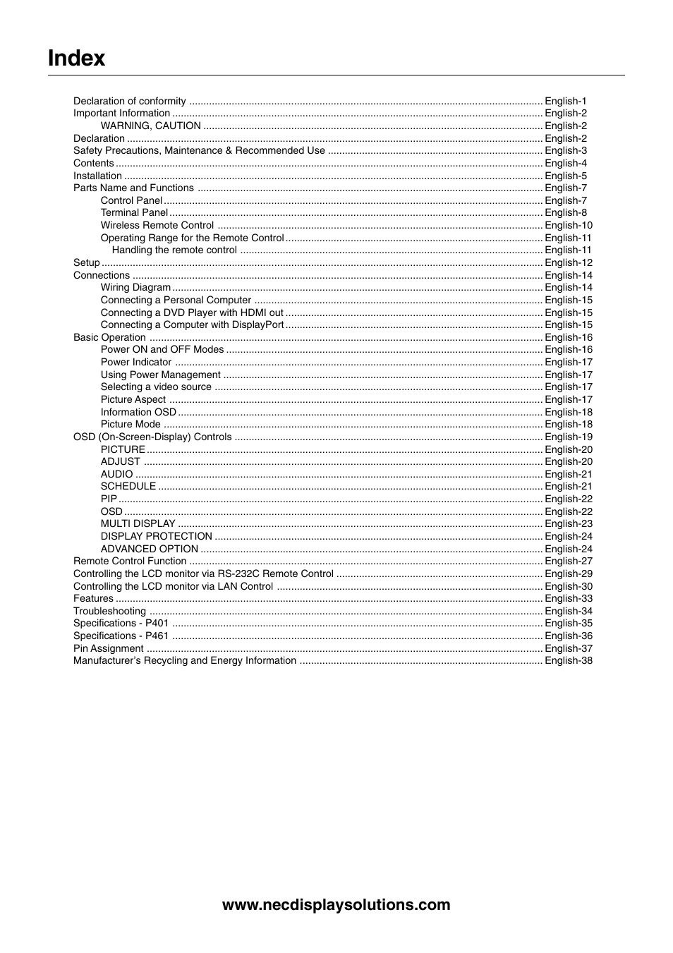 Index | NEC MULTISYNC P461 User Manual | Page 2 / 40