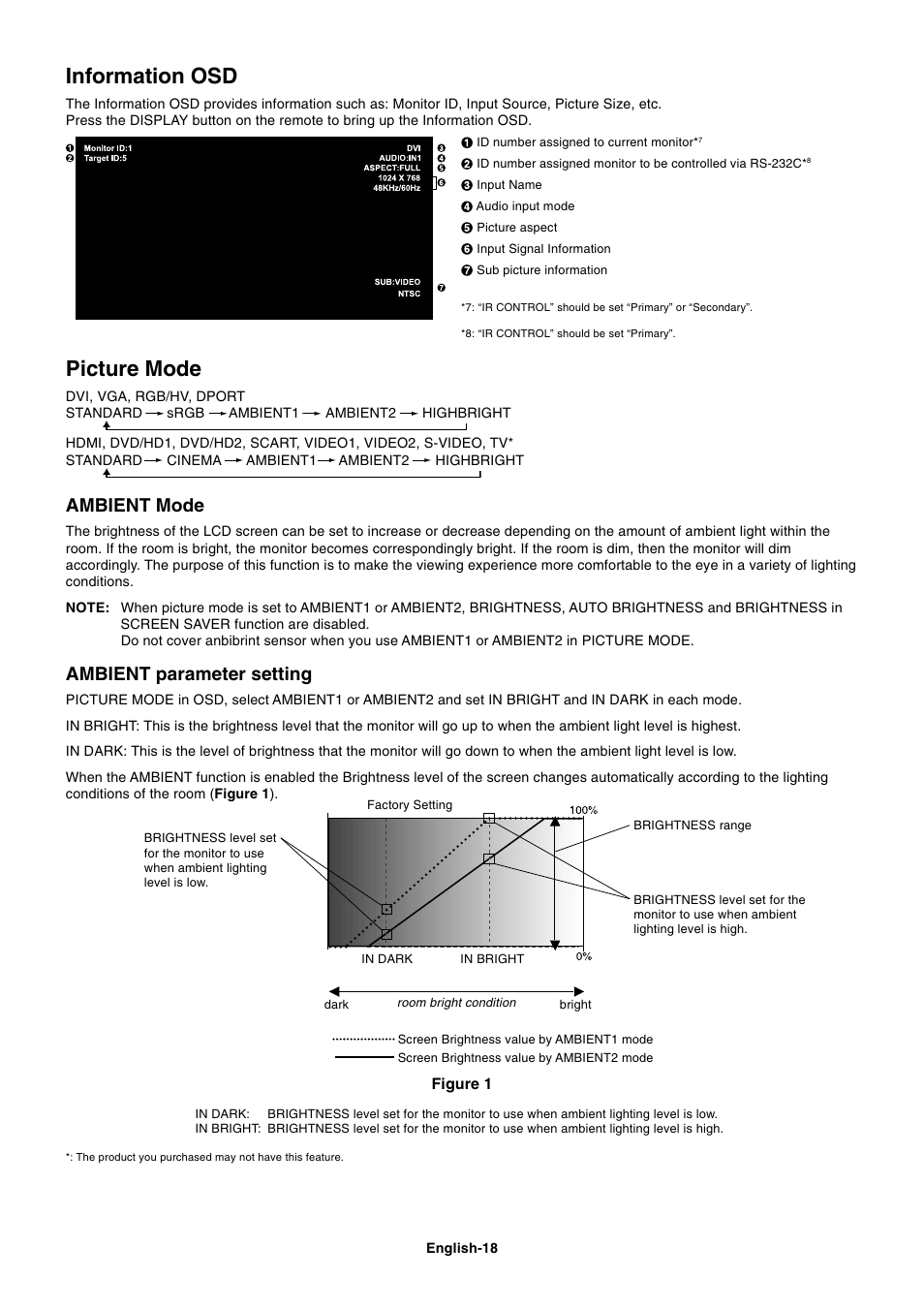 Picture mode, Information osd, Ambient mode | Ambient parameter setting | NEC MULTISYNC P461 User Manual | Page 20 / 40