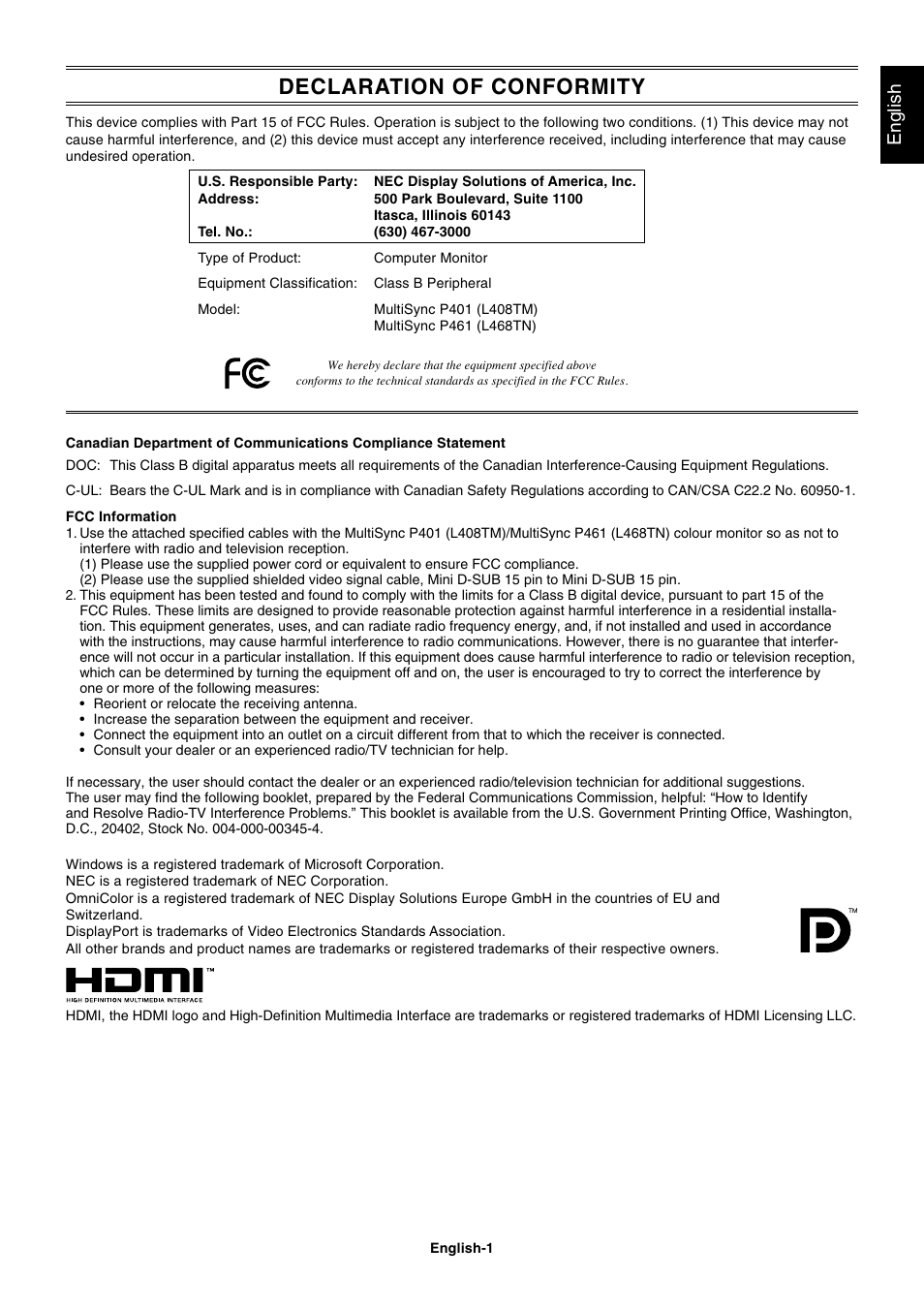 Declaration of conformity, English | NEC MULTISYNC P461 User Manual | Page 3 / 40