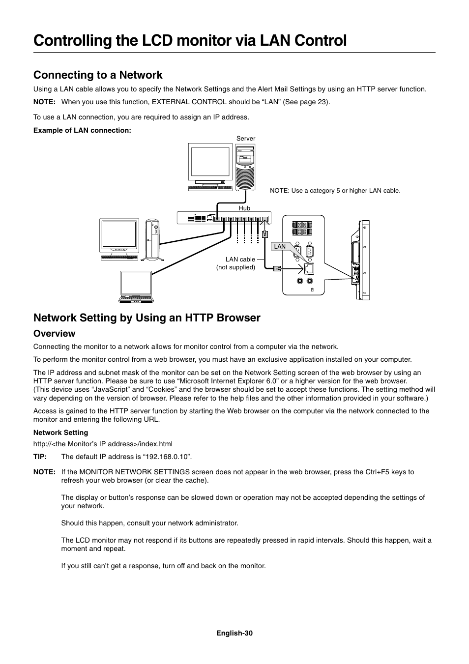 Controlling the lcd monitor via lan control, Connecting to a network, Overview | NEC MULTISYNC P461 User Manual | Page 32 / 40
