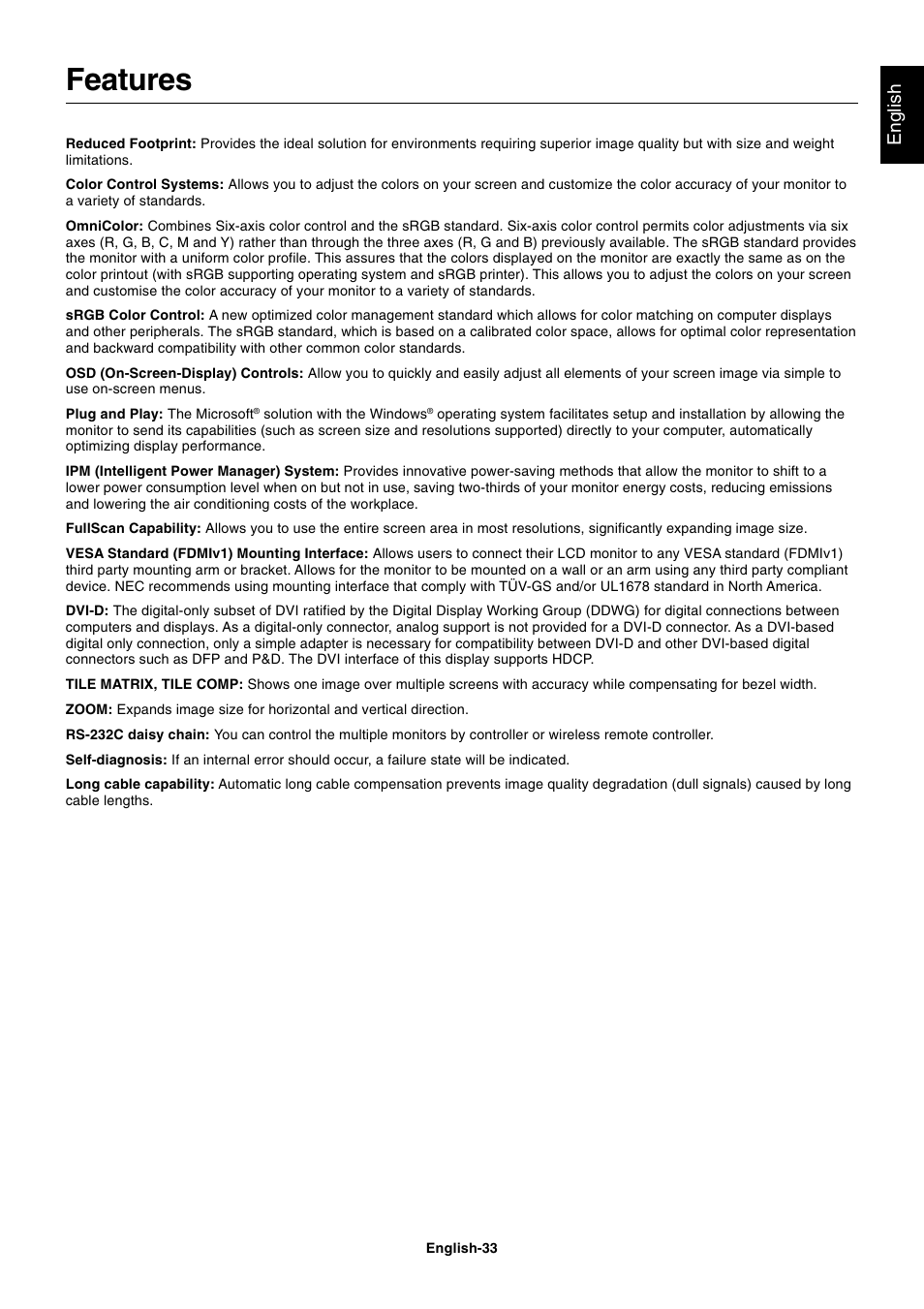 Features, English | NEC MULTISYNC P461 User Manual | Page 35 / 40