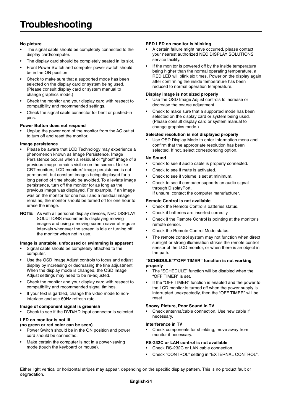 Troubleshooting | NEC MULTISYNC P461 User Manual | Page 36 / 40