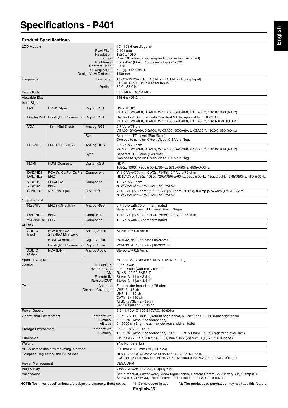 Specifications - p401, English | NEC MULTISYNC P461 User Manual | Page 37 / 40