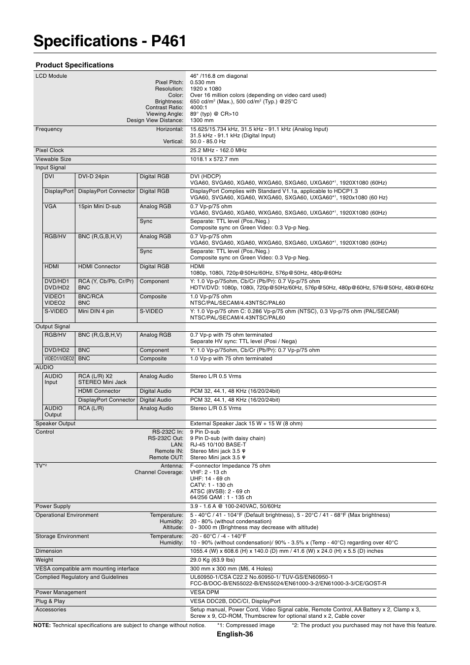 Specifications - p461 | NEC MULTISYNC P461 User Manual | Page 38 / 40