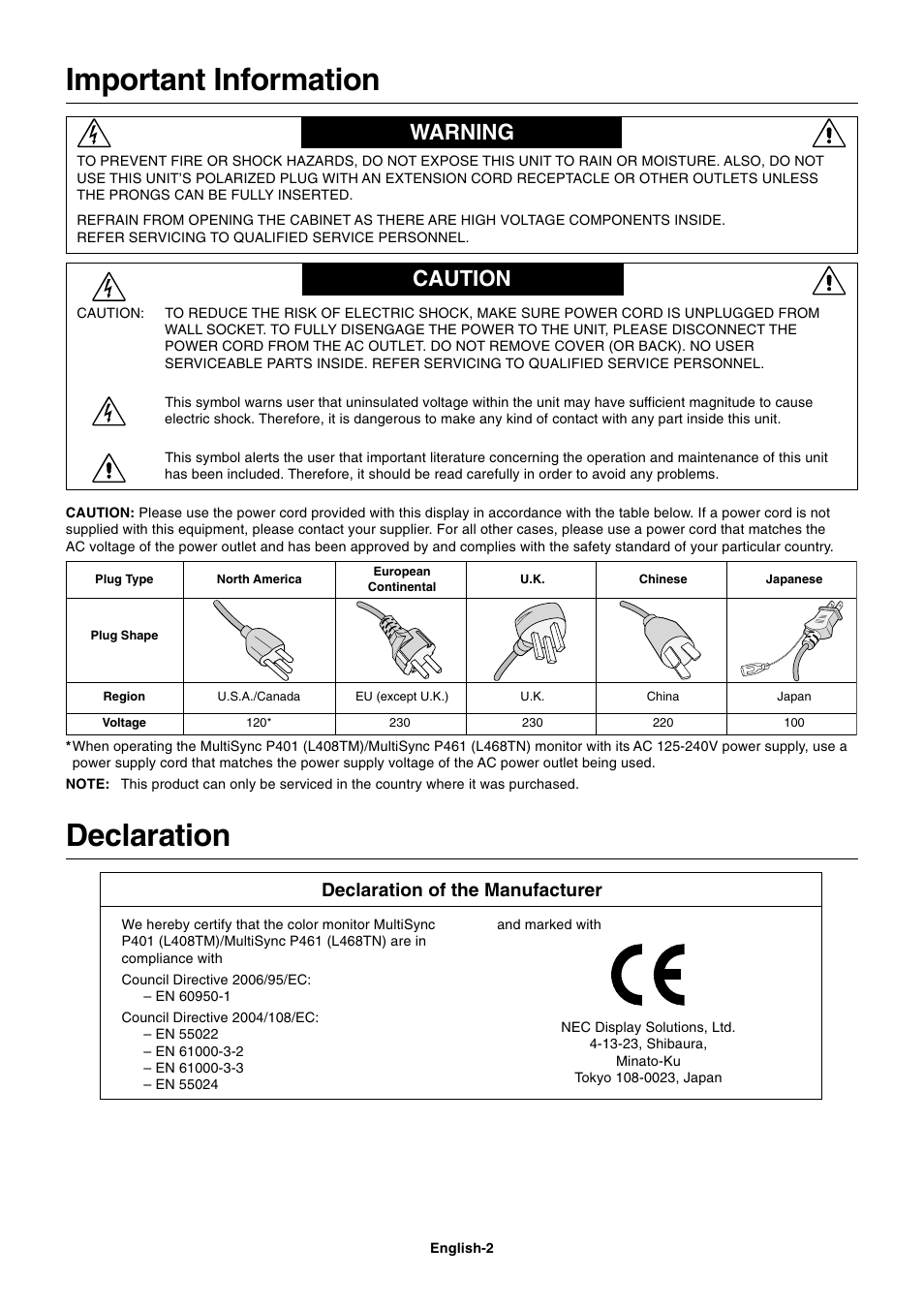 Important information, Warning, Caution | Declaration, Warning caution, Declaration of the manufacturer | NEC MULTISYNC P461 User Manual | Page 4 / 40
