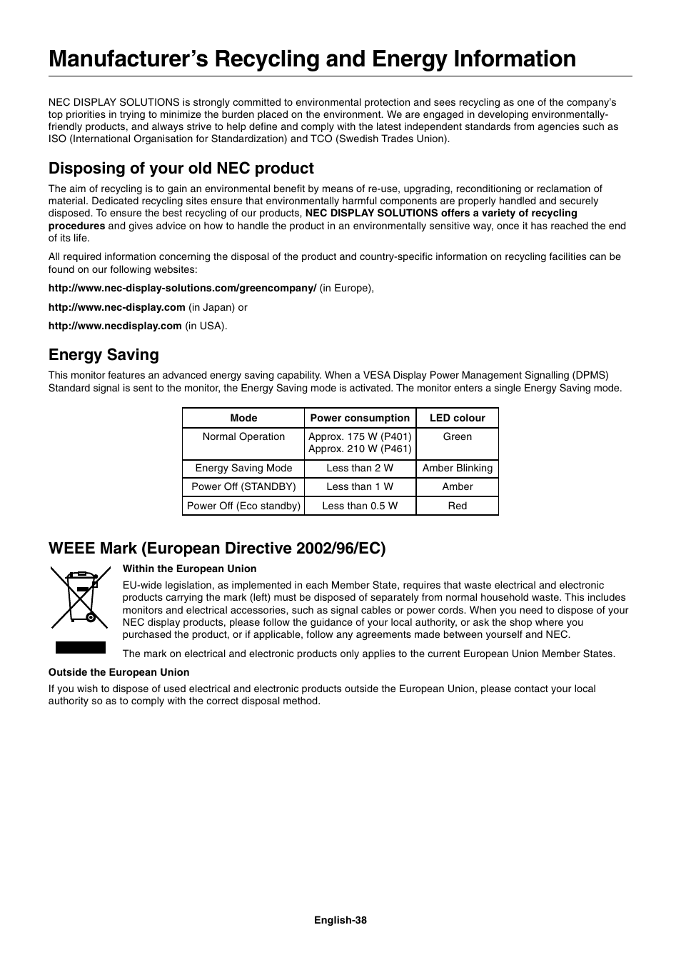 Manufacturer’s recycling and energy information, Disposing of your old nec product, Energy saving | NEC MULTISYNC P461 User Manual | Page 40 / 40