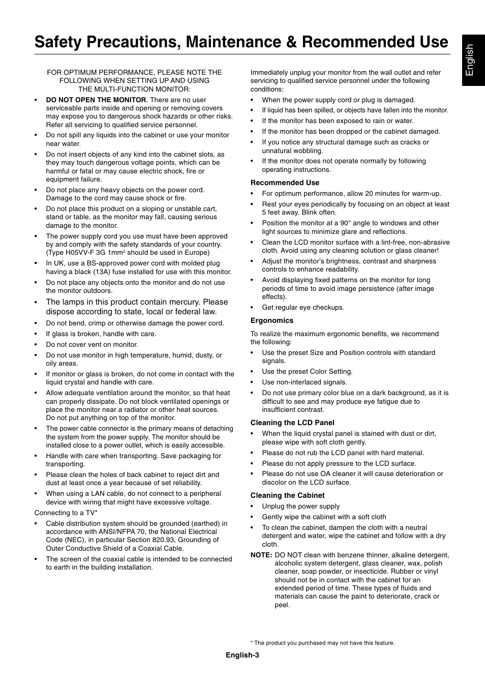 Safety precautions, maintenance & recommended use, English | NEC MULTISYNC P461 User Manual | Page 5 / 40