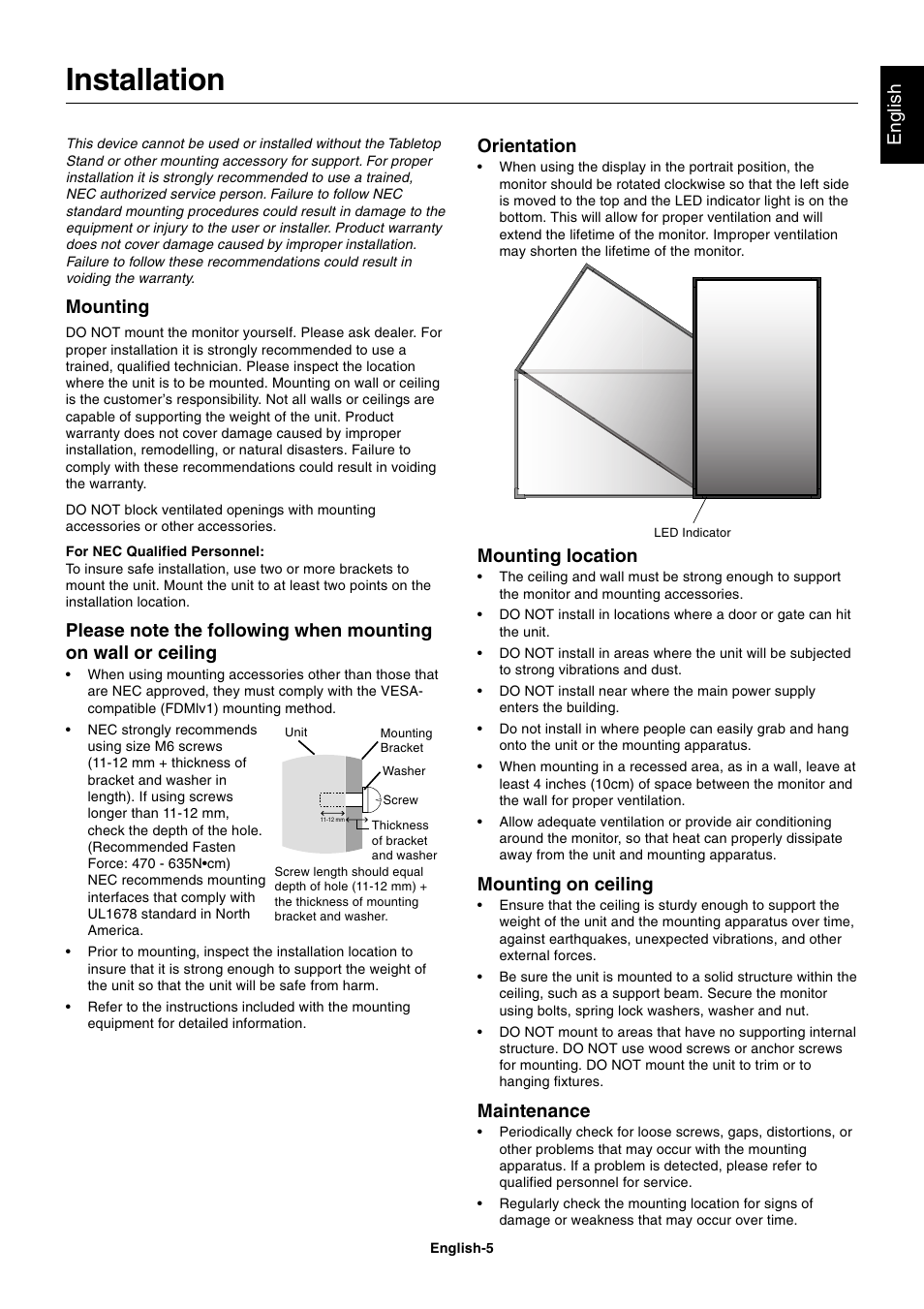 Installation, English, Mounting | Mounting location, Mounting on ceiling, Maintenance, Orientation | NEC MULTISYNC P461 User Manual | Page 7 / 40