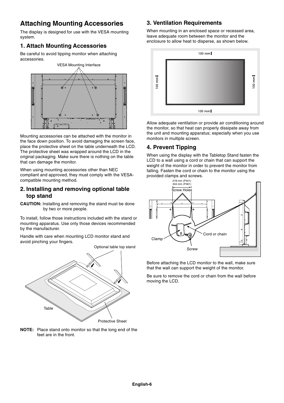 Attaching mounting accessories, Attach mounting accessories, Installing and removing optional table top stand | Prevent tipping, Ventilation requirements | NEC MULTISYNC P461 User Manual | Page 8 / 40