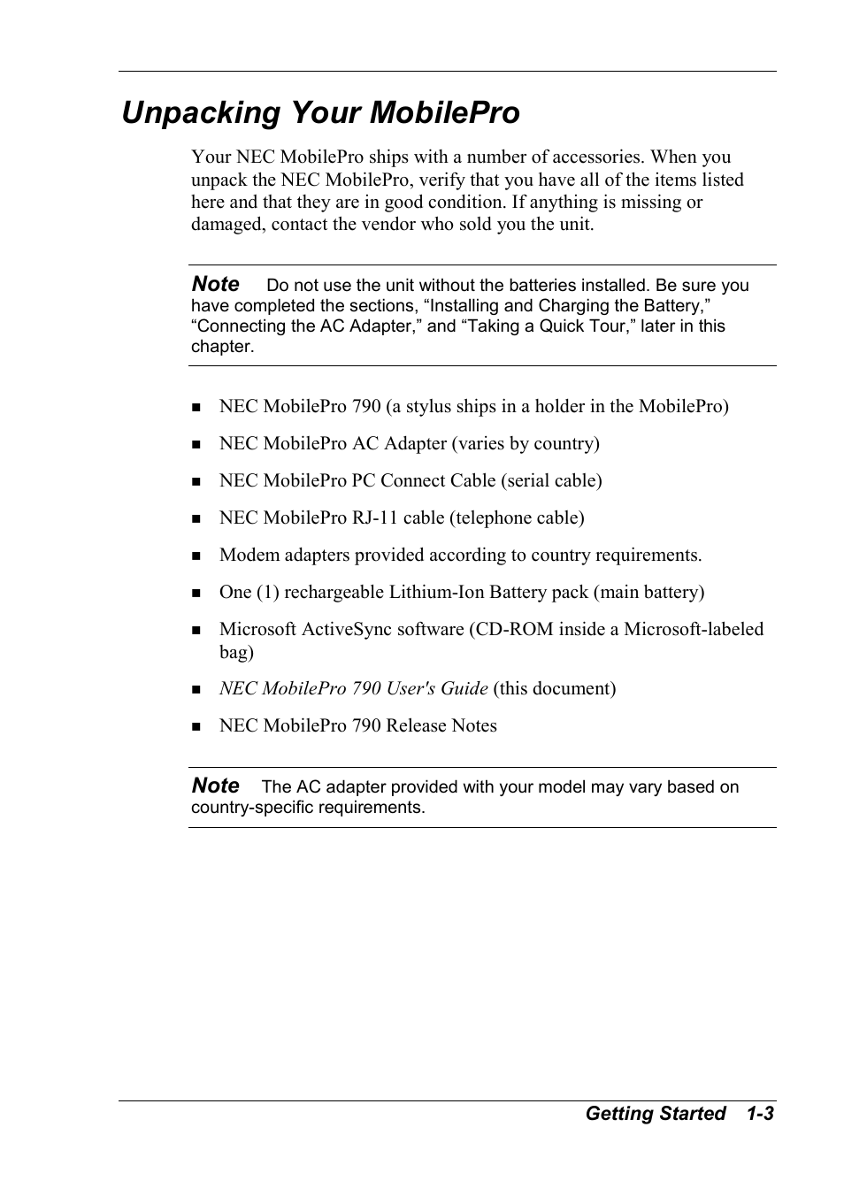 Unpacking your mobilepro | NEC MobilePro 790 User Manual | Page 10 / 104