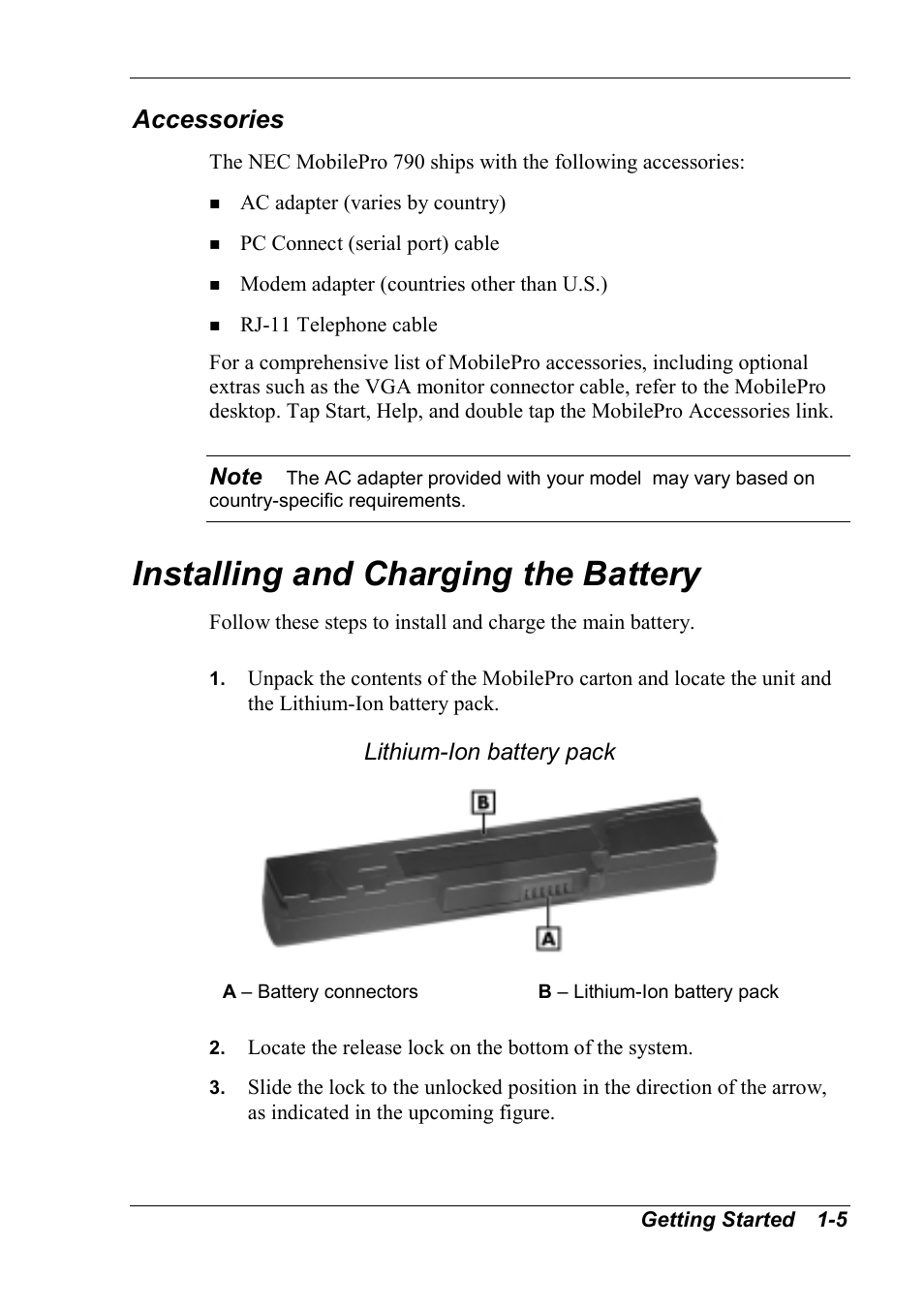 Installing and charging the battery, Accessories, Lithium-ion battery pack | NEC MobilePro 790 User Manual | Page 12 / 104