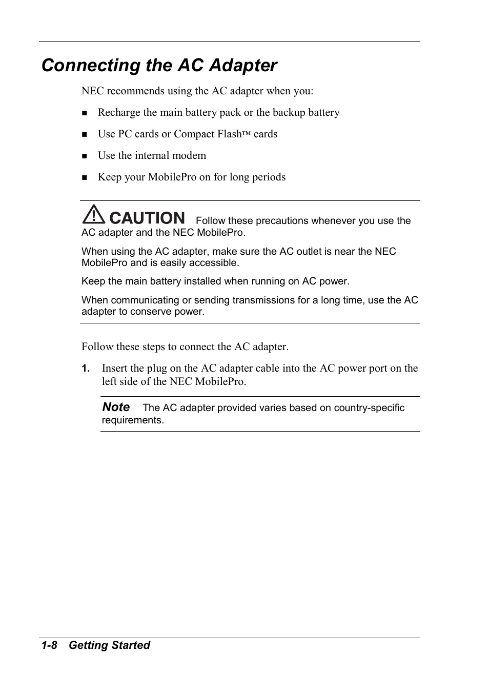 Connecting the ac adapter | NEC MobilePro 790 User Manual | Page 15 / 104