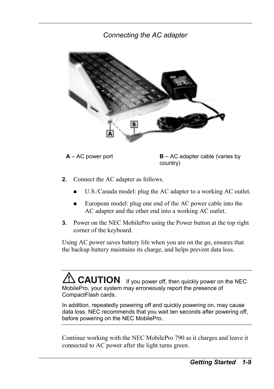 Connecting the ac adapter | NEC MobilePro 790 User Manual | Page 16 / 104