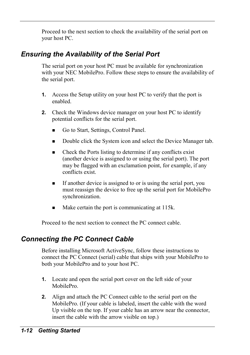 Ensuring the availability of the serial port, Connecting the pc connect cable | NEC MobilePro 790 User Manual | Page 19 / 104