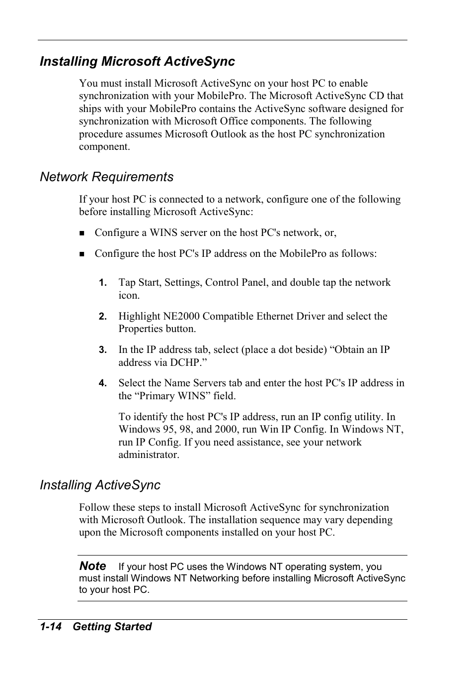 Installing microsoft activesync, Network requirements, Installing activesync | NEC MobilePro 790 User Manual | Page 21 / 104