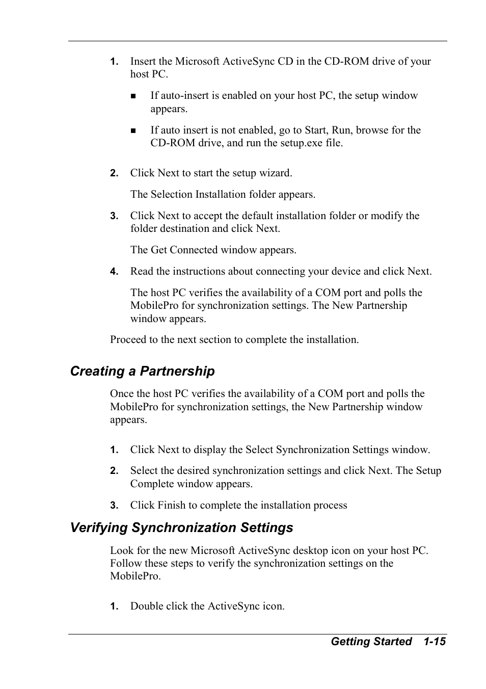 Creating a partnership, Verifying synchronization settings | NEC MobilePro 790 User Manual | Page 22 / 104