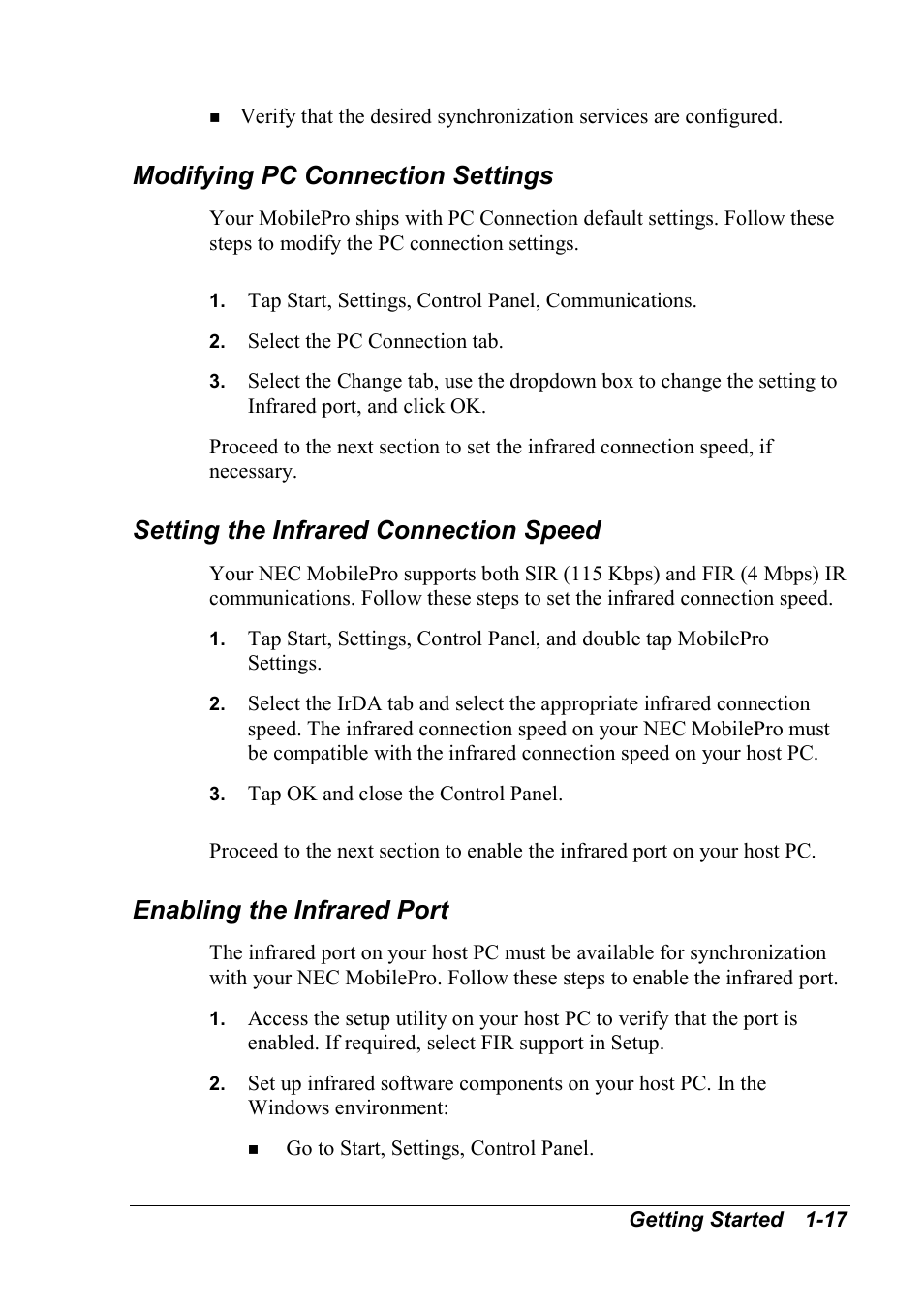 Modifying pc connection settings, Setting the infrared connection speed, Enabling the infrared port | NEC MobilePro 790 User Manual | Page 24 / 104