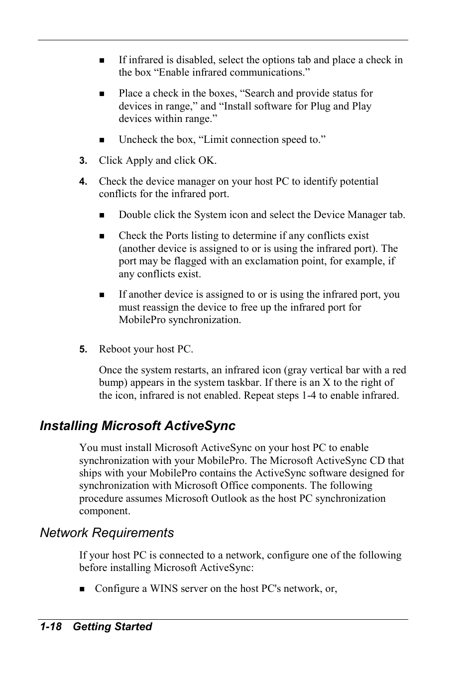 Installing microsoft activesync, Network requirements | NEC MobilePro 790 User Manual | Page 25 / 104