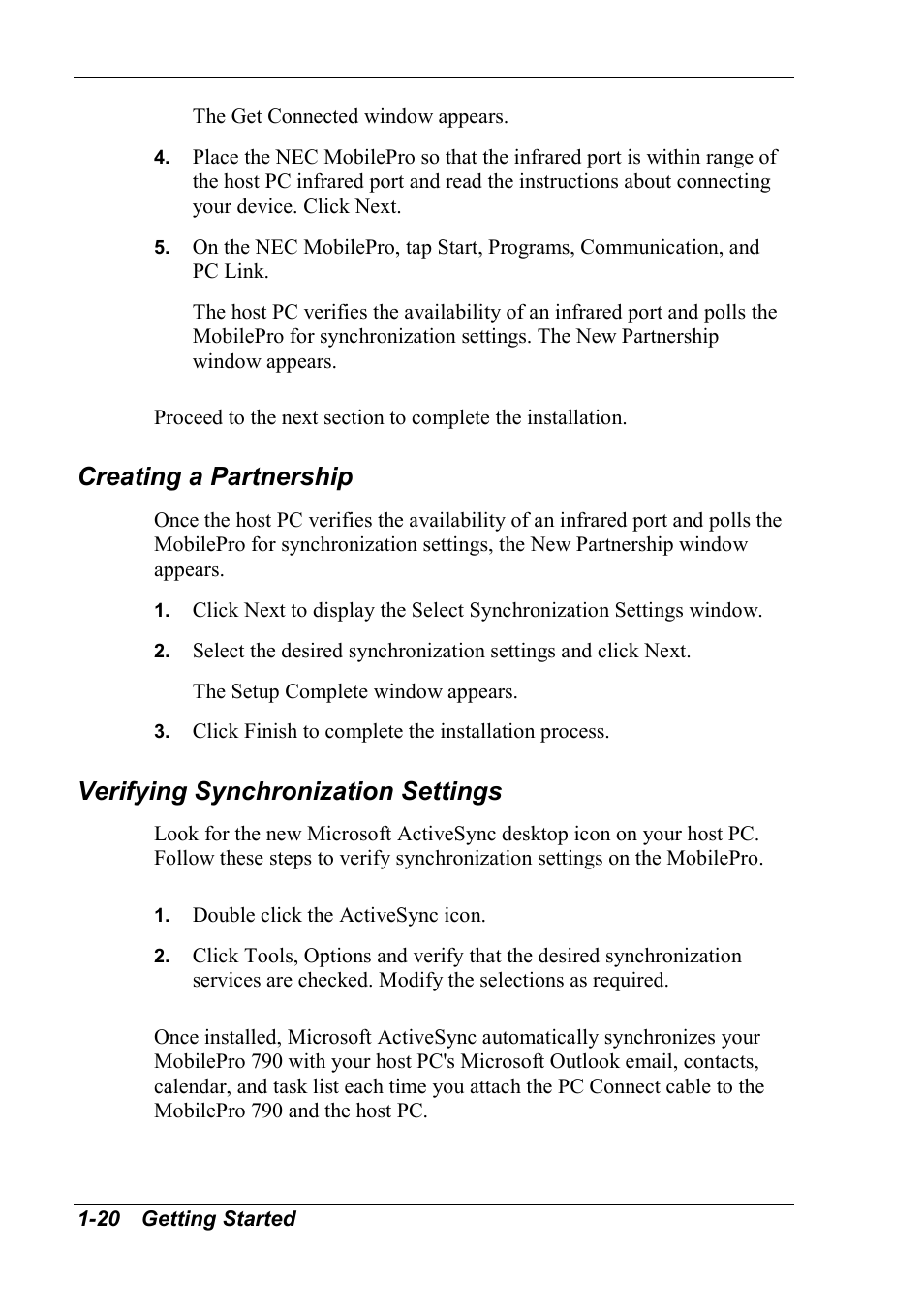 Creating a partnership, Verifying synchronization settings | NEC MobilePro 790 User Manual | Page 27 / 104