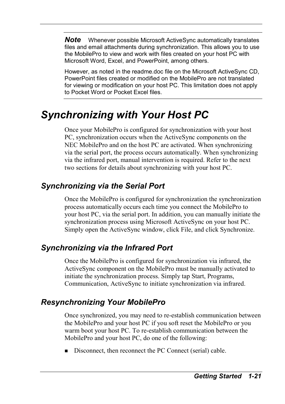 Synchronizing with your host pc, Synchronizing via the serial port, Synchronizing via the infrared port | Resynchronizing your mobilepro | NEC MobilePro 790 User Manual | Page 28 / 104