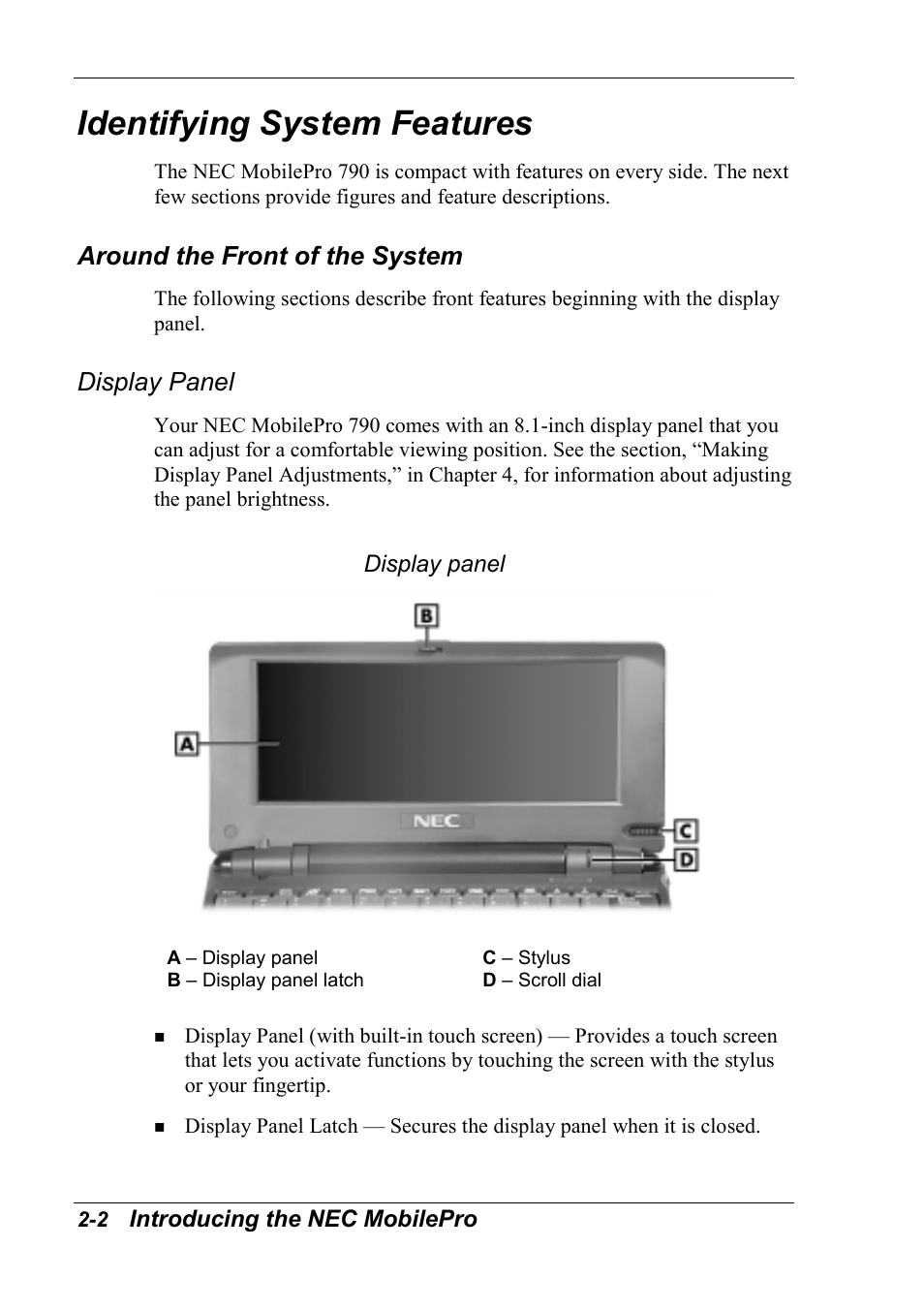 Identifying system features, Around the front of the system, Display panel | NEC MobilePro 790 User Manual | Page 33 / 104