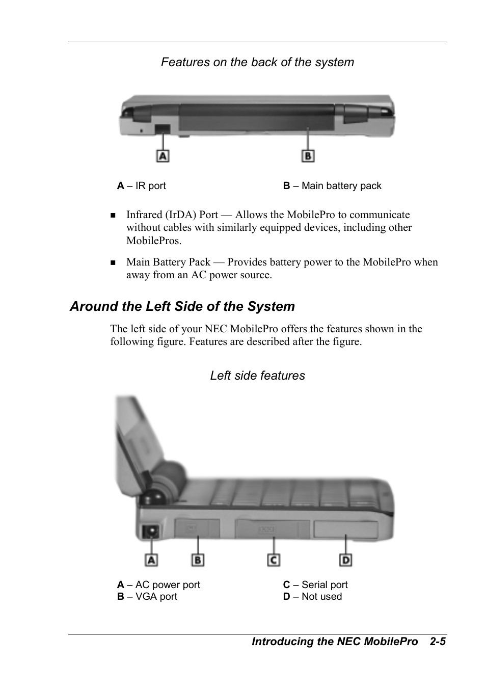 Around the left side of the system, Features on the back of the system, Left side features | NEC MobilePro 790 User Manual | Page 36 / 104