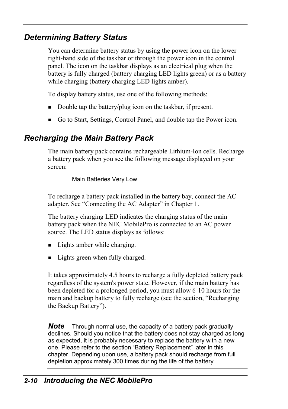 Determining battery status, Recharging the main battery pack, Introducing the nec mobilepro | NEC MobilePro 790 User Manual | Page 41 / 104