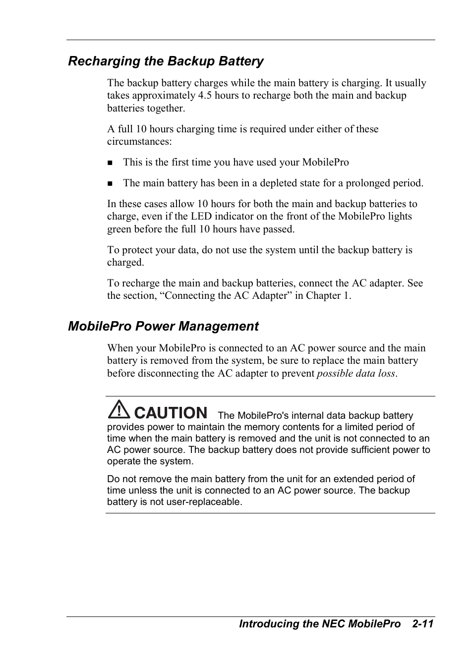Recharging the backup battery, Mobilepro power management | NEC MobilePro 790 User Manual | Page 42 / 104