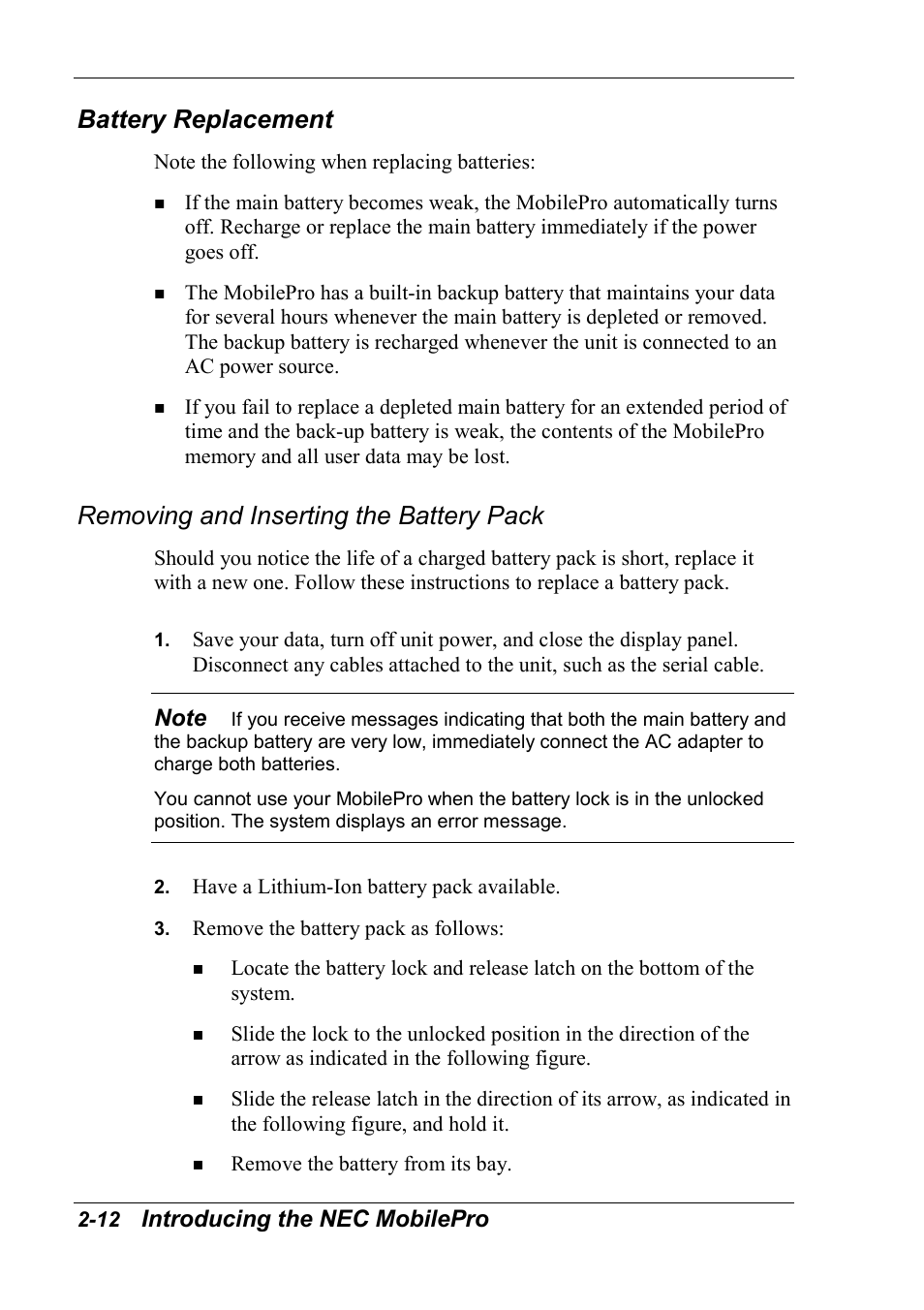 Battery replacement, Removing and inserting the battery pack, Introducing the nec mobilepro | NEC MobilePro 790 User Manual | Page 43 / 104