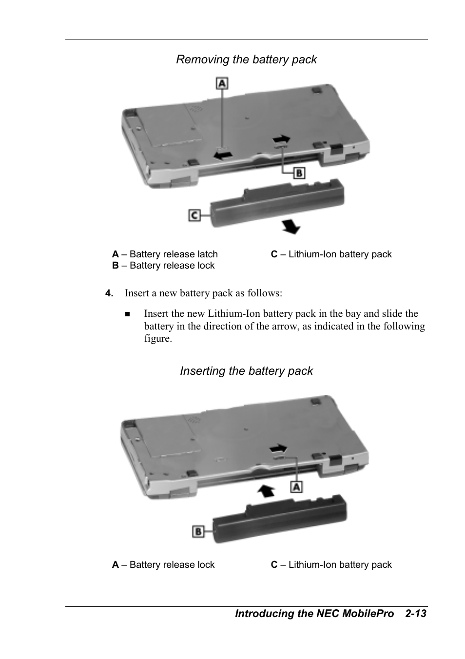 Removing the battery pack, Inserting the battery pack | NEC MobilePro 790 User Manual | Page 44 / 104