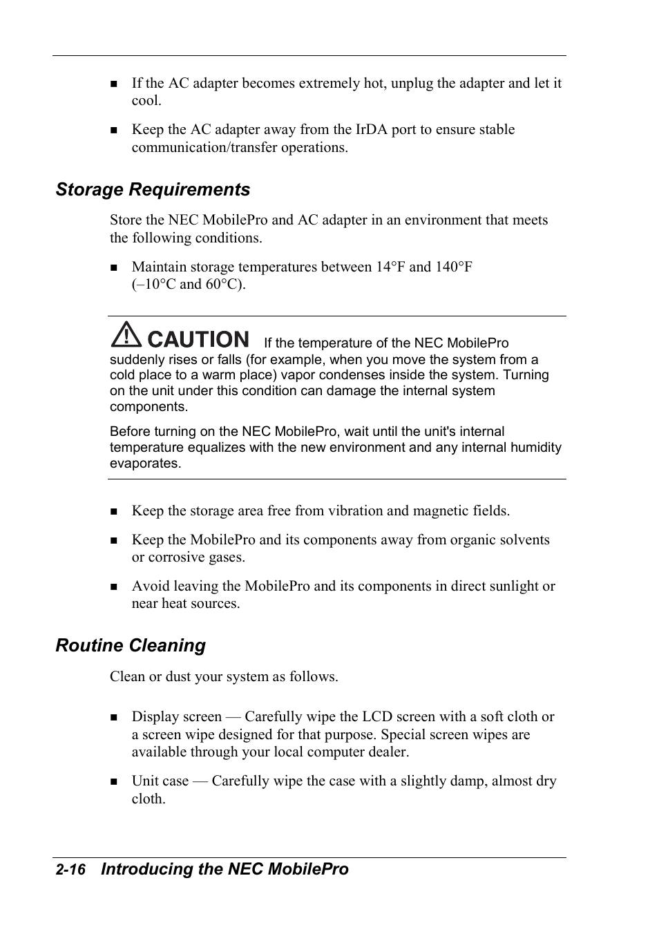 Storage requirements, Routine cleaning, Introducing the nec mobilepro | NEC MobilePro 790 User Manual | Page 47 / 104