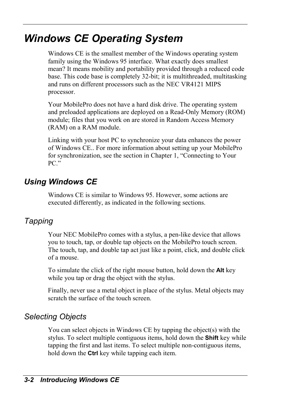 Windows ce operating system, Using windows ce, Tapping | Selecting objects | NEC MobilePro 790 User Manual | Page 50 / 104