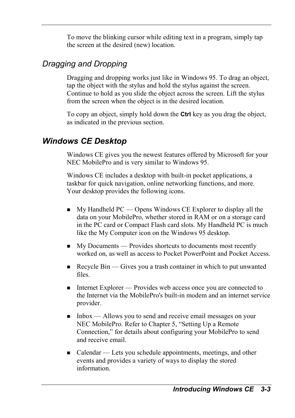 Dragging and dropping, Windows ce desktop | NEC MobilePro 790 User Manual | Page 51 / 104