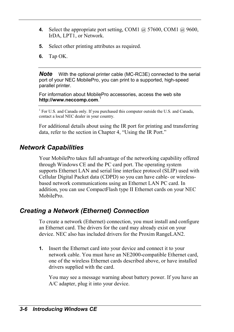 Network capabilities, Creating a network (ethernet) connection | NEC MobilePro 790 User Manual | Page 54 / 104